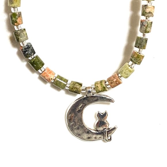 Unakite Stone Silver Cat on the Moon Necklace, Genuine Gemstone Beaded Necklace - Picture 5 of 10